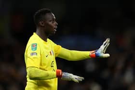 Edouard Mendy of Chelsea reacts during the Carabao Cup Third Round match between Manchester City  (Photo by Lewis Storey/Getty Images)