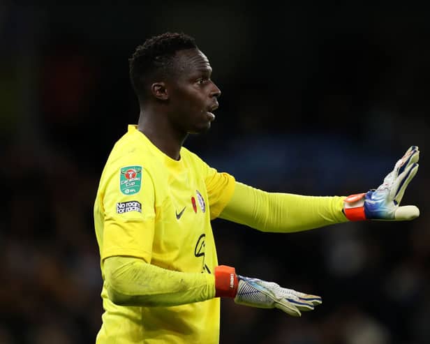 Edouard Mendy of Chelsea reacts during the Carabao Cup Third Round match between Manchester City  (Photo by Lewis Storey/Getty Images)