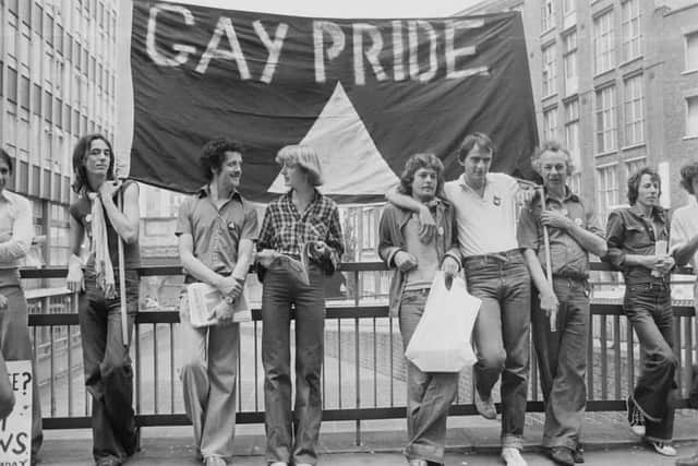 Gay Pride demonstration at the Old Bailey, in occasion of the start of the prosecution alleging blasphemous libel brought by Mary Whitehouse against the homosexual newspaper Gay News July 1977.