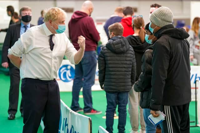 Boris Johnson during a visit to a vaccination hub in the Guttman Centre at Stoke Mandeville Stadium (Photo: Getty)