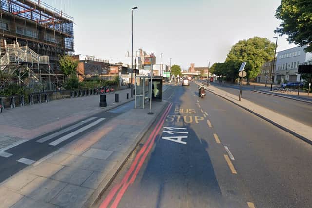 A floating bus stop on the A11, near Mile End station. Credit: Google.
