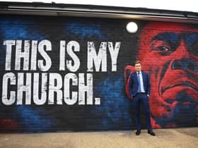 Steve Parish, Chairman of Crystal Palace stands alongside a mural commemorating musician Maxi Jazz is unveiled outside the stadium  (Photo by Alex Davidson/Getty Images)