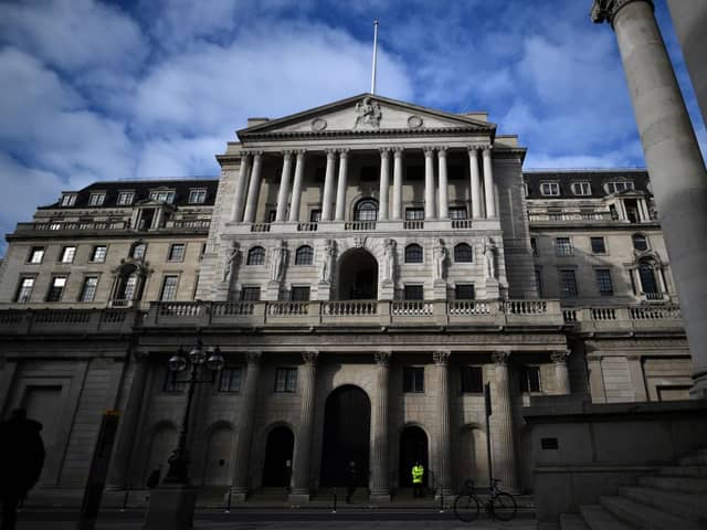 A view of the facade of the Bank of England in central London on November 5, 2020. - The Bank of England on November 5, 2020 unveiled an extra £150 billion in cash stimulus and forecast a deeper coronavirus-induced recession for the UK as England begins a second lockdown. (Photo by Ben STANSALL / AFP) (Photo by BEN STANSALL/AFP via Getty Images)