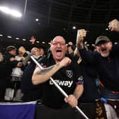 West Ham fans show their support  during the UEFA Europa Conference League quarterfinal second leg (Photo by Alex Pantling/Getty Images)