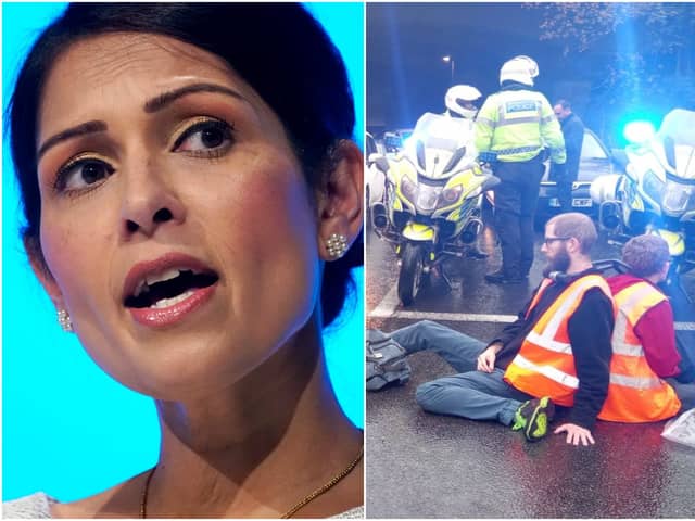 Home Secretary Priti Patel (left) will unveil plans to tackle disruptive protesters including those from Insulate Britain (right) (Pictures: Getty Images and Insulate Britain)