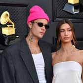 Justin and Hailey Bieber arrive for the 64th Annual Grammy Awards in Las Vegas in April. (Photo by ANGELA  WEISS/AFP via Getty Images)