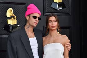 Justin and Hailey Bieber arrive for the 64th Annual Grammy Awards in Las Vegas in April. (Photo by ANGELA  WEISS/AFP via Getty Images)
