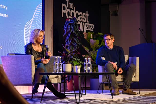 Emily Maitlis and Louis Theroux at The Podcast Show 2022.