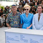 Bill Murray, British actress Tilda Swinton, Us director Wes Anderson and French-Us actor Timothee Chalamet pose during a photocall for the film "The French Dispatch" at the 74th edition of the Cannes Film Festival in Cannes, southern France, on July 13, 2021. (Photo by Christophe SIMON / AFP)