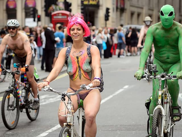 Naked cyclists will take to the streets of London and around the world to protest car culture and oil dependency. Credit: Getty Images