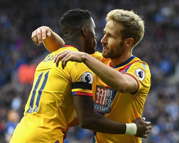 Yohan Cabaye of Crystal Palace (R) celebrates scoring his sides first goal with his team mate  (Photo by Ross Kinnaird/Getty Images)