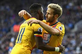 Yohan Cabaye of Crystal Palace (R) celebrates scoring his sides first goal with his team mate  (Photo by Ross Kinnaird/Getty Images)