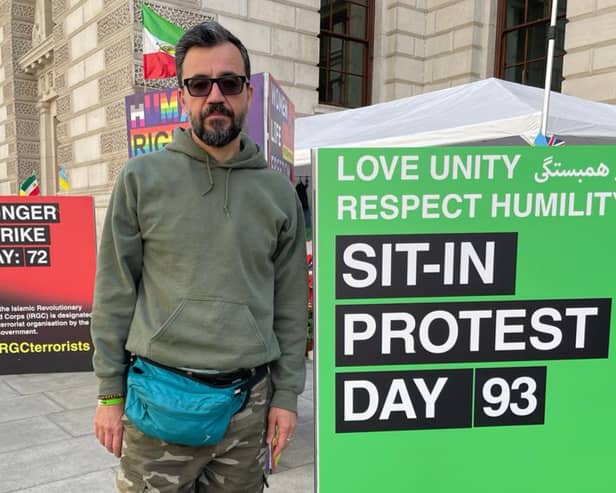 British-Iranian activist Vahid Beheshti resumes his protest outside the Foreign Office