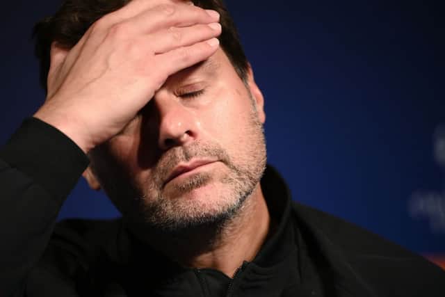 Paris Saint-Germain’s Argentinian head coach Mauricio Pochettino gestures during a press conference (Photo by FRANCK FIFE/AFP via Getty Images)