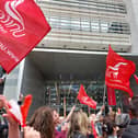 St Mungo’s staff striking outside their Tower Hill offices. Credit: Ben Lynch.