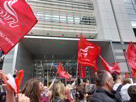 St Mungo’s staff striking outside their Tower Hill offices. Credit: Ben Lynch.