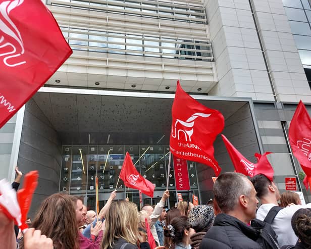 St Mungo’s staff striking outside their Tower Hill offices. Credit: Ben Lynch.
