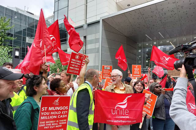Jeremy Corbyn at the St Mungo’s strike in London. Credit: Ben Lynch.