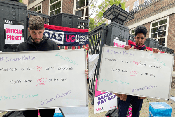 SOAS staff on the picket line following 100% wage deductions over assessment boycott. Credit: SOAS UCU