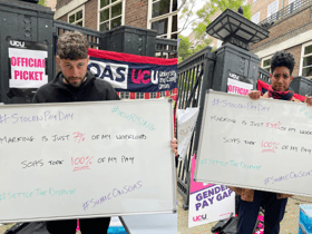 SOAS staff on the picket line following 100% wage deductions over assessment boycott. Credit: SOAS UCU