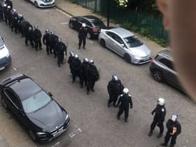Riot police outside the Shadwell homeless shelter. Credit: Autonomous Winter Shelter.