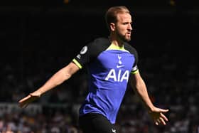  English striker Harry Kane celebrates after scoring the opening goal during the English Premier League football match  (Photo by OLI SCARFF/AFP via Getty Images)