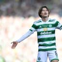 Kyogo Furuhashi of Celtic celebrates after scoring the team's first goal during the Scottish Cup Final  (Photo by Mark Runnacles/Getty Images)