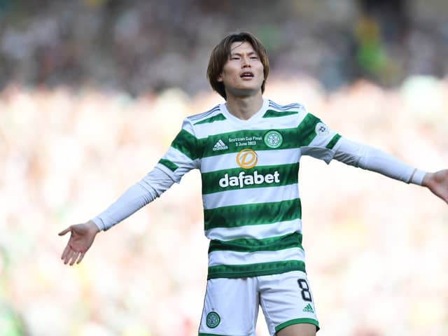 Kyogo Furuhashi of Celtic celebrates after scoring the team's first goal during the Scottish Cup Final  (Photo by Mark Runnacles/Getty Images)