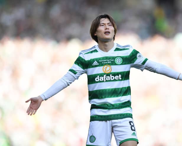 Kyogo Furuhashi of Celtic celebrates after scoring the team's first goal during the Scottish Cup Final  (Photo by Mark Runnacles/Getty Images)