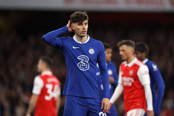  Kai Havertz of Chelsea reacts during the Premier League match between Arsenal FC and Chelsea FC  (Photo by Alex Pantling/Getty Images)