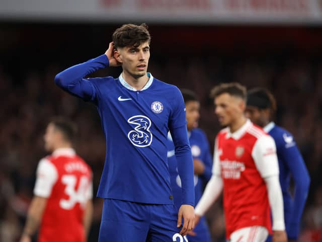  Kai Havertz of Chelsea reacts during the Premier League match between Arsenal FC and Chelsea FC  (Photo by Alex Pantling/Getty Images)