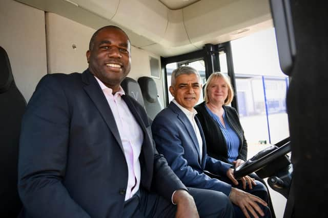 Sadiq Khan (centre), David Lammy MP (left) and Joanne McCartney (right) at Volta Trucks in Tottenham