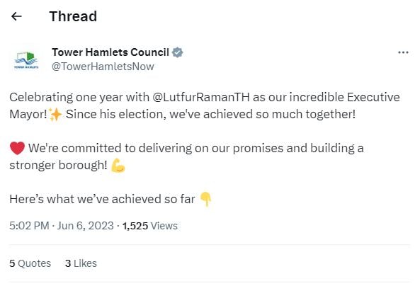 Tower Hamlets Council deletes ‘incredible mayor’ tweet