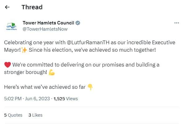 The tweet by Tower Hamlets Council was “immediately” deleted after communications team management saw it. Credit: Twitter.