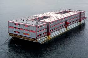 Bibby Stockholm, the barge which is to be used by the Home Office to house up to 500 male asylum seekers, arrives from Genoa on May 9, 2023, in Falmouth, England. Credit: Hugh Hastings/Getty Images.