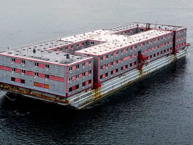 Bibby Stockholm, the barge which is to be used by the Home Office to house up to 500 male asylum seekers, arrives from Genoa on May 9, 2023, in Falmouth, England. Credit: Hugh Hastings/Getty Images.