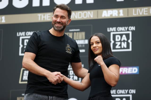 Eddie Hearn poses with Matchroom boxing signing Shannon Ryan