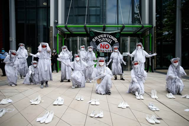 An Extinction Rebellion protest in 2020 against the Silvertown Tunnel project. Credit: Hollie Adams/Getty Images.