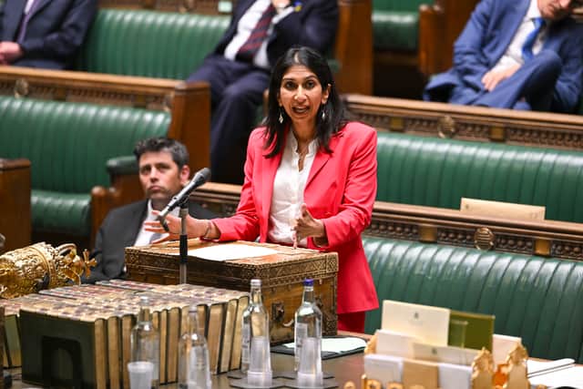 Photo issued by UK Parliament of Home Secretary Suella Braverman delivering a statement on illegal migration in the House of Commons, London. Credit: UK Parliament/Jessica Taylor /PA Wire