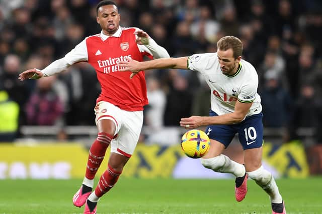 Arsenal’s Gabriel challenges Harry Kane of Spurs for the ball during a Premier League match