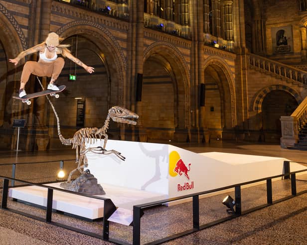 Leticia Bufoni jumped over a velociraptor. (Photo by Red Bull/Canon)