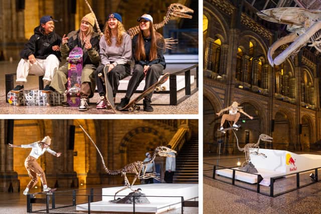 Margielyn Didal, Leticia Bufoni, Aldana Bertran and Lore Bruggeman at the Natural History Museum in London. (Photo by Red Bull/Canon)
