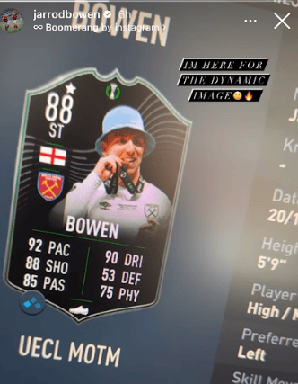 Jarrod Bowen was given an upgrade on FIFA Ultimate Team 23 (Image: Instagram @jarrodbowen)