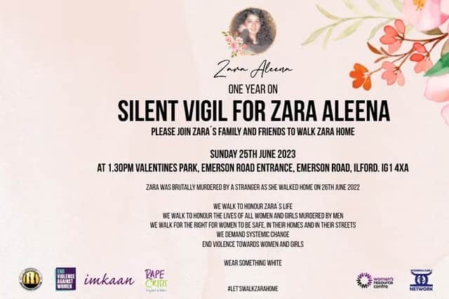 Flyer for vigil to mark one year anniversary of Zara Aleena’s murder