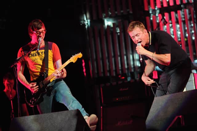 Graham Coxon and Damon Albarn of Blur perform on the Pyramid Stage at the Glastonbury Festival in 2009. (Photo by Jim Dyson/Getty Images)