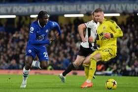 Datro Fofana of Chelsea goes past Bernd Leno of Fulham but misses during the Premier League match (Photo by Justin Setterfield/Getty Images)