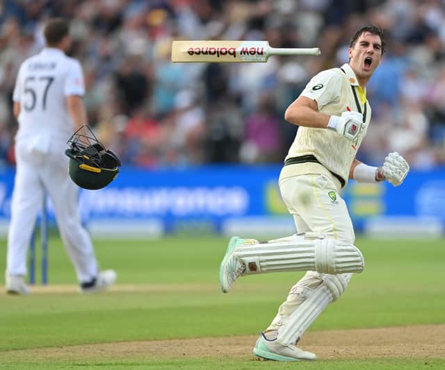Australia batsman Pat Cummins celebrates after scoring the winning runs during day five of the LV= Insurance Ashes 1st Test Match between England and Australia at Edgbaston on June 20, 2023 in Birmingham, England. (Photo by Stu Forster/Getty Images)