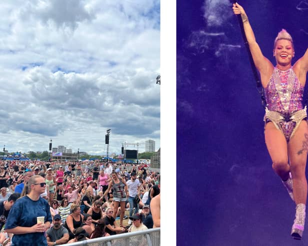 Pink (pictured in Paris) performed at BST Hyde Park. (Photo by ANNA KURTH/AFP via Getty Images)