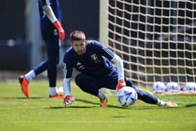 Guglielmo Vicario of Italy warms up during an Italy Training Session at  K.V.V. Quick’ 20 Stadium on June 16, 2023  (Photo by Claudio Villa/Getty Images)