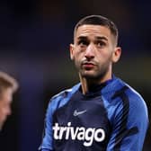  Hakim Ziyech of Chelsea looks on as they warm up prior to the Premier League match between . (Photo by Ryan Pierse/Getty Images)